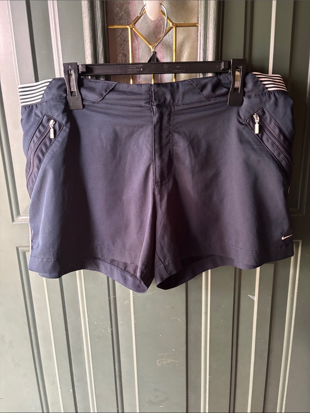 Y2K Nike Women's Navy Athletic Shorts with Striped Waistband